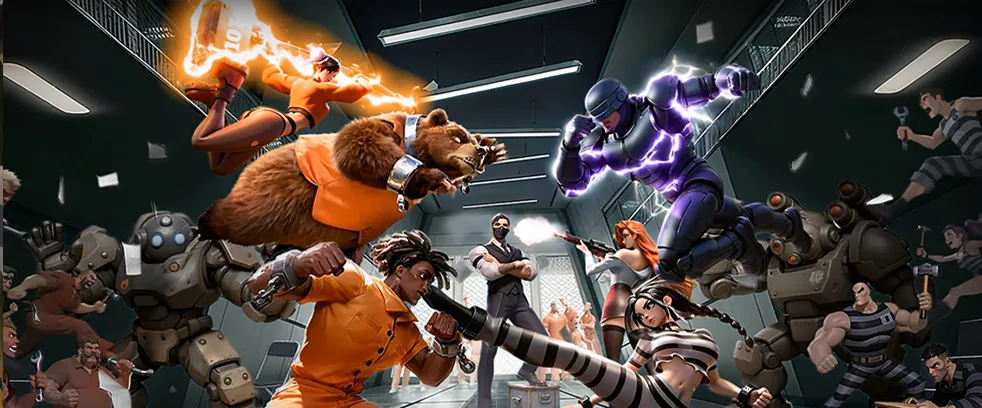 Prisoners, guards and robots brawling in a cell block, from the Lands of Jail key art