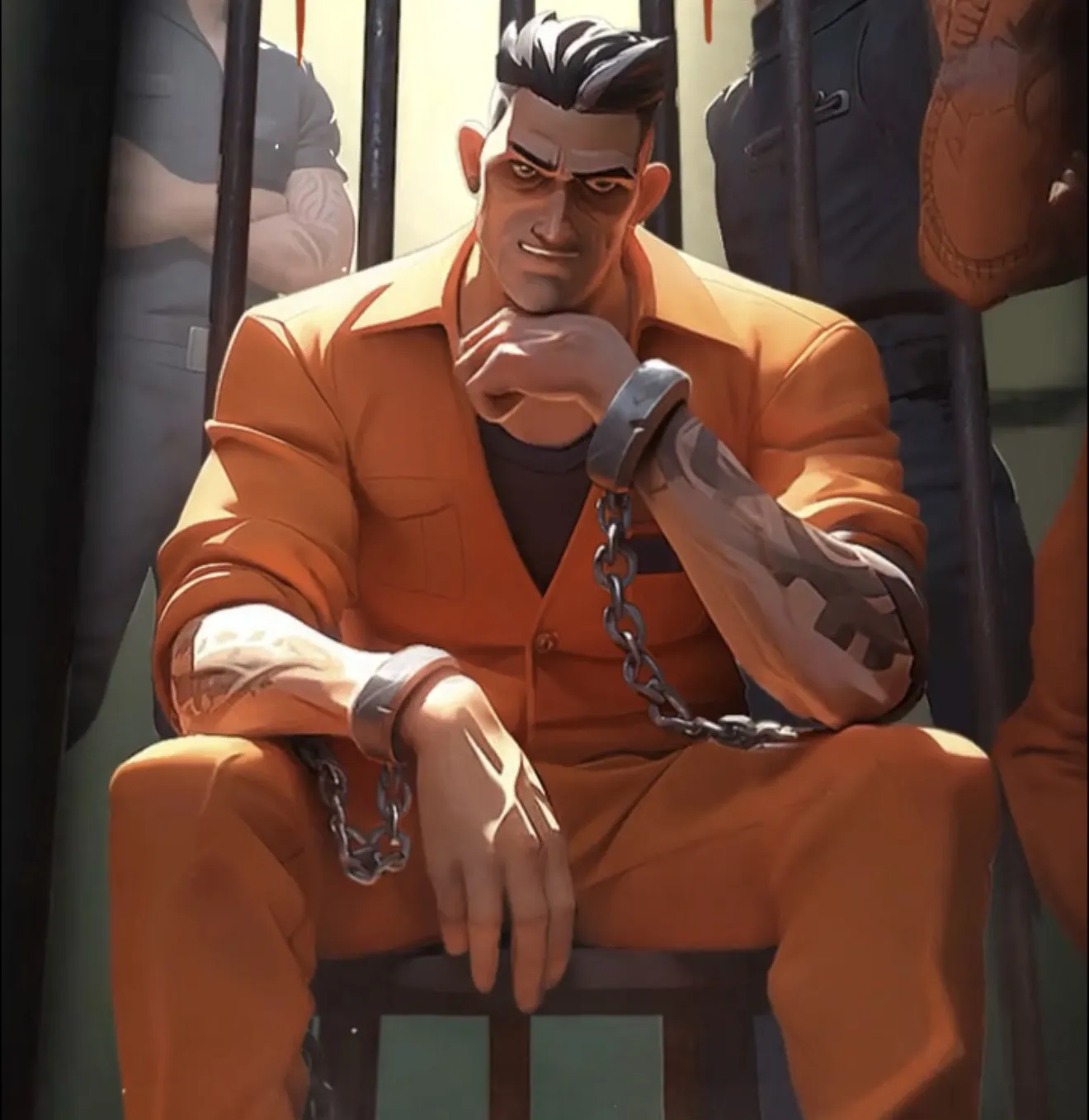 A prisoner in an orange jumpsuit chained to a chair, from the Lands of Jail key art
