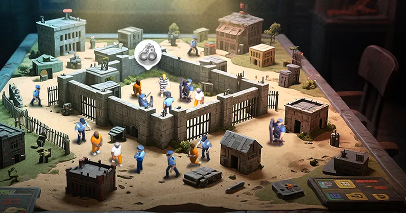 A model of the prison yard on a war-room table, from the Lands of Jail key art